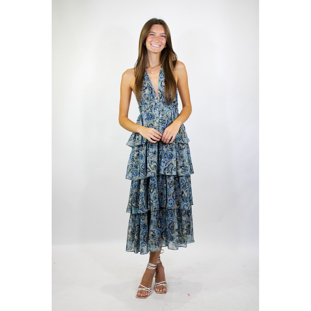 Meet me in Santorini blue metallic print lulua halter top‎ maxi dress Large